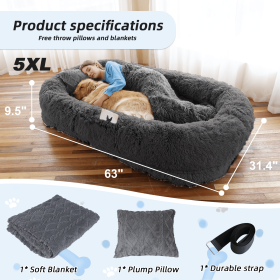Human Dog Bed, Large Size Fits You and Pets, Washable Faux Fur Dog Bed for People Doze Off, Napping Orthopedic Dog Bed, Present Plump Pillow, Blanket (Color: DarkGrey, size: 5XL(63"L ×31.4"W ×9.5"Th))