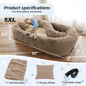 Human Dog Bed, Large Size Fits You and Pets, Washable Faux Fur Dog Bed for People Doze Off, Napping Orthopedic Dog Bed, Present Plump Pillow, Blanket (Color: Khaki, size: 5XL(63"L ×31.4"W ×9.5"Th))